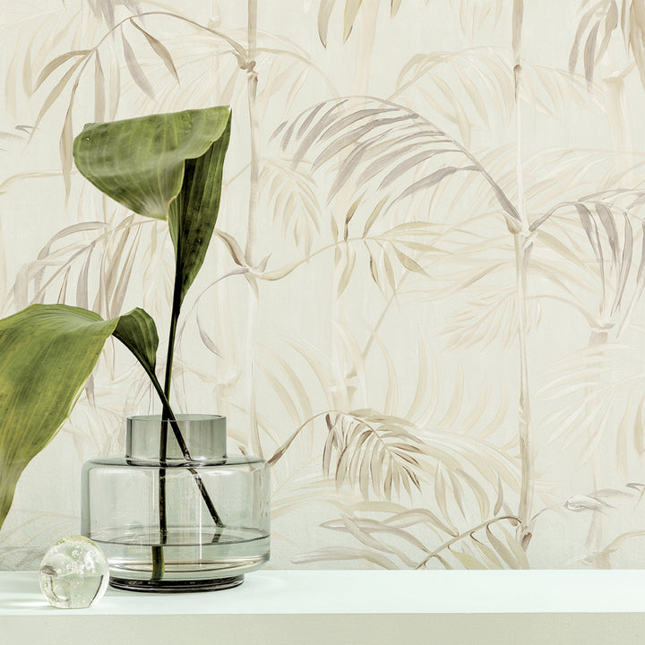 Bamboo Gardens Non-Pasted Wallpaper - A glass vase and plant with Bamboo Gardens Unpasted Wallpaper in fog | Tempaper#color_fog