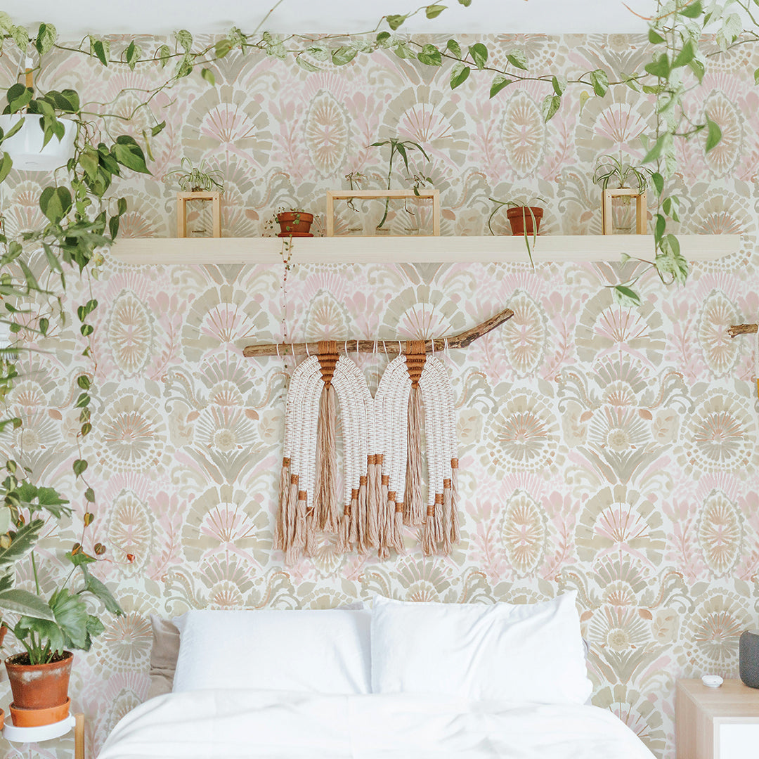 Bohemia boho removable wallpaper print is hanging behind a bed in a students bedroom.  #color_wandering-rose