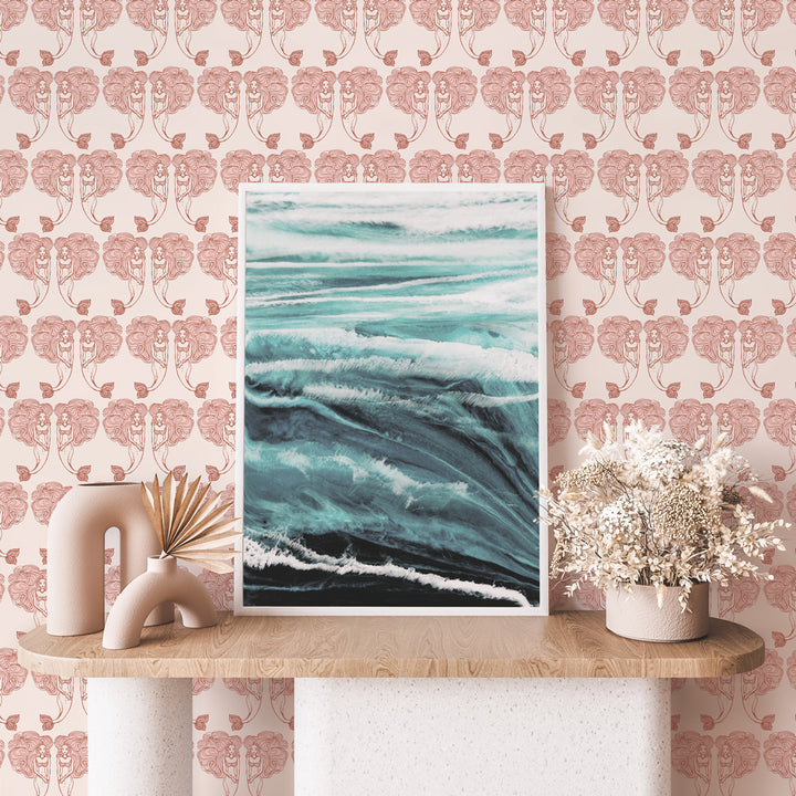 Block Print Mermaids Removable Wallpaper - A room featuring Tempaper's Block Print Mermaids Peel And Stick Wallpaper in coral muse | Tempaper#color_coral-muse