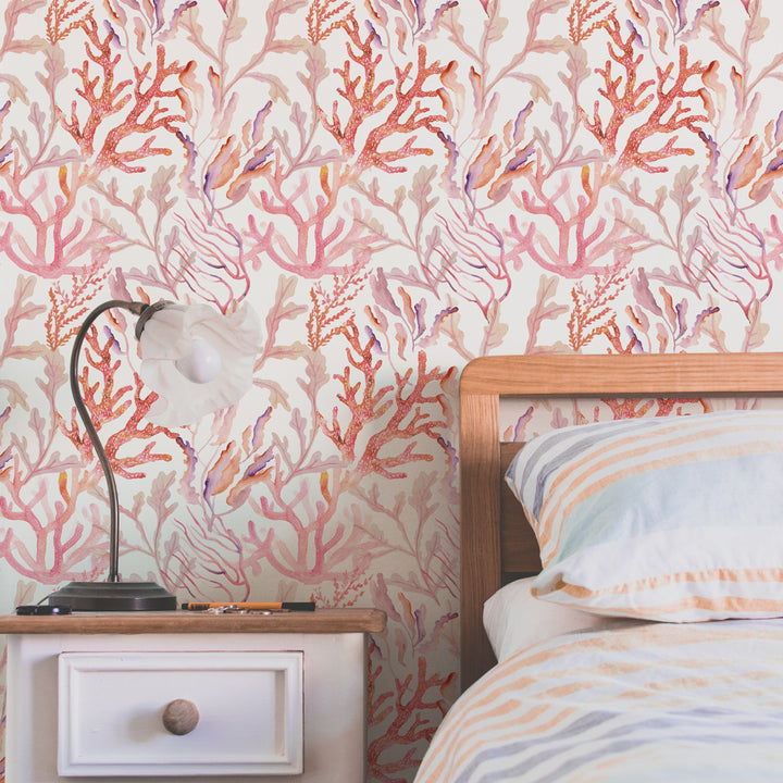 Coral Reef Removable Wallpaper - A bedroom featuring Tempaper's Coral Reef Peel And Stick Wallpaper in rose quartz | Tempaper#color_rose-quartz