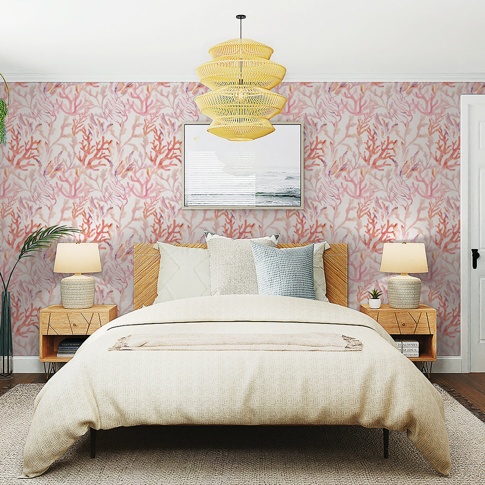Coral Reef Removable Wallpaper - A bedroom featuring Tempaper's Coral Reef Peel And Stick Wallpaper in rose quartz | Tempaper#color_rose-quartz