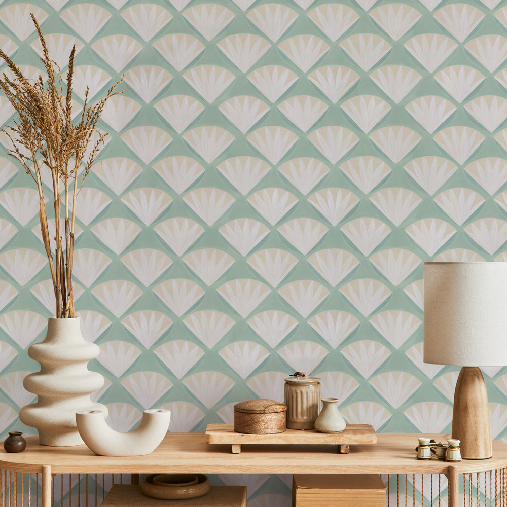 Deco Shell Removable Wallpaper - A room featuring Tempaper's Deco Shell Peel And Stick Wallpaper in fresh mint | Tempaper