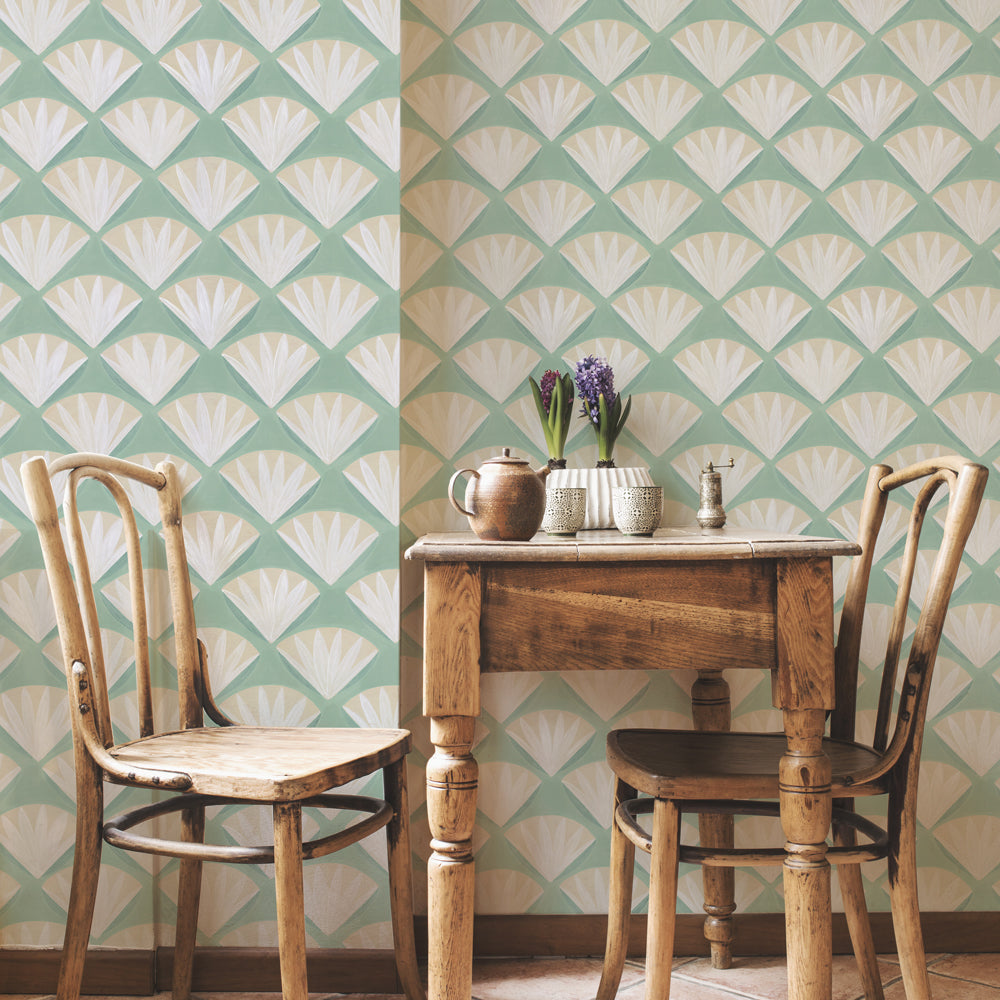 Deco Shell Removable Wallpaper - A room featuring Tempaper's Deco Shell Peel And Stick Wallpaper in fresh mint | Tempaper