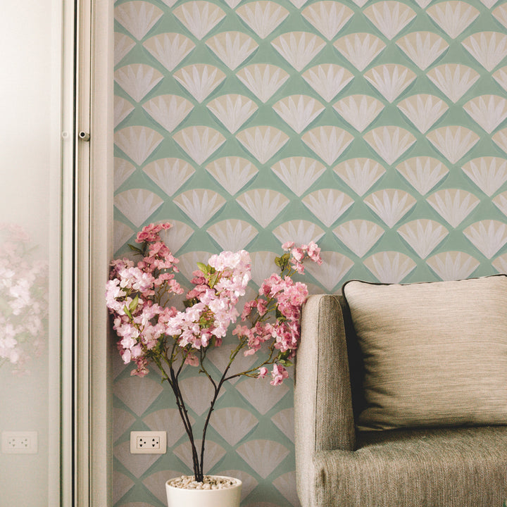 Deco Shell Removable Wallpaper - A room featuring Tempaper's Deco Shell Peel And Stick Wallpaper in fresh mint | Tempaper