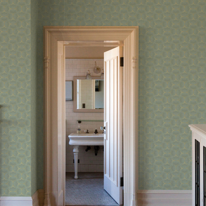 Gilded Scallop Non-Pasted Wallpaper - A hallway with Gilded Scallop Unpasted Wallpaper in green agate | Tempaper#color_green-agate