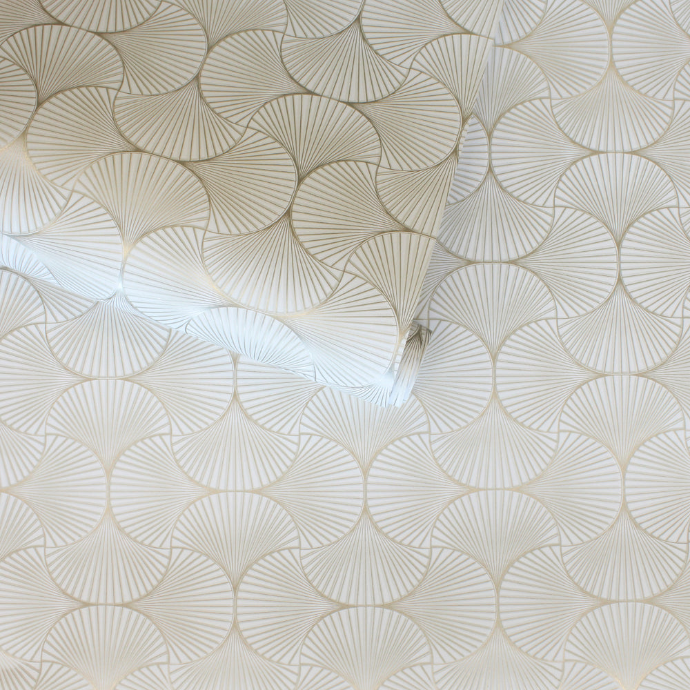 Gilded Scallop Non-Pasted Wallpaper - A roll of Gilded Scallop Unpasted Wallpaper in porcelain | Tempaper#color_porcelain