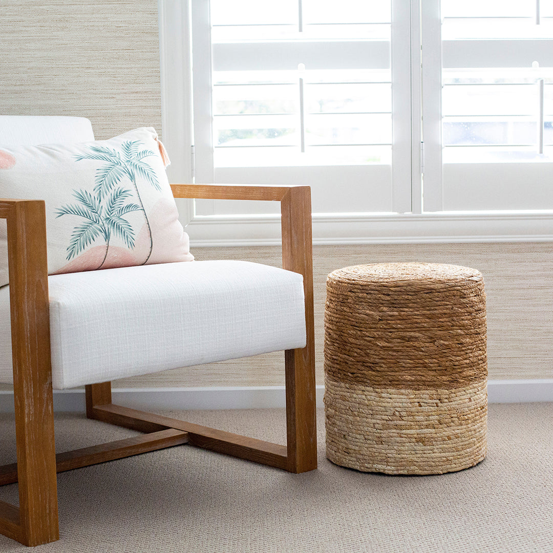 Faux Horizontal Grasscloth Removable Wallpaper - A room with a wood chair and white window featuring Faux Horizontal Grasscloth Peel And Stick Wallpaper in textured ecru | Tempaper#color_textured-ecru