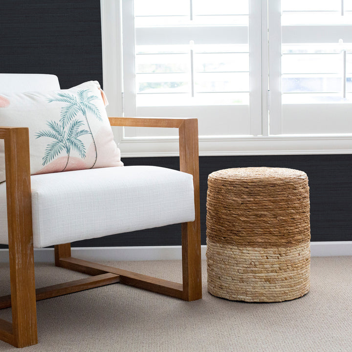 Faux Horizontal Grasscloth Removable Wallpaper - A room with a wood chair and white window featuring Faux Horizontal Grasscloth Peel And Stick Wallpaper in textured navy | Tempaper#color_textured-navy