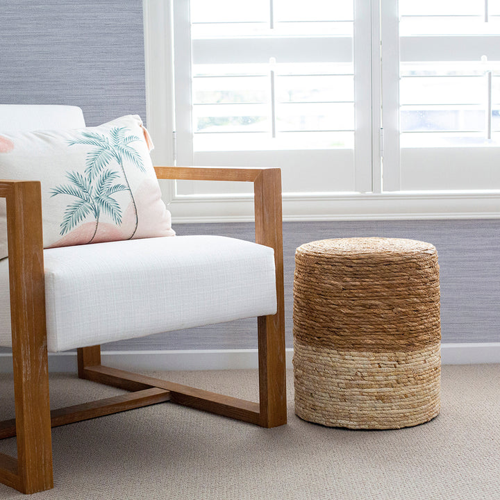 Faux Horizontal Grasscloth Removable Wallpaper - A room with a wood chair and white window featuring Faux Horizontal Grasscloth Peel And Stick Wallpaper in textured powder blue | Tempaper#color_textured-powder-blue