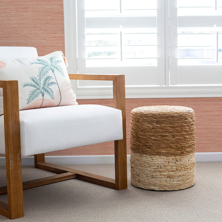 Faux Horizontal Grasscloth Removable Wallpaper - A room with a wood chair and white window featuring Faux Horizontal Grasscloth Peel And Stick Wallpaper in textured salmon | Tempaper#color_textured-salmon