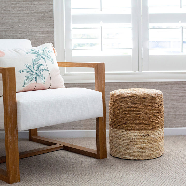 Faux Horizontal Grasscloth Removable Wallpaper - A room with a wood chair and white window featuring Faux Horizontal Grasscloth Peel And Stick Wallpaper in textured pewter | Tempaper#color_textured-pewter