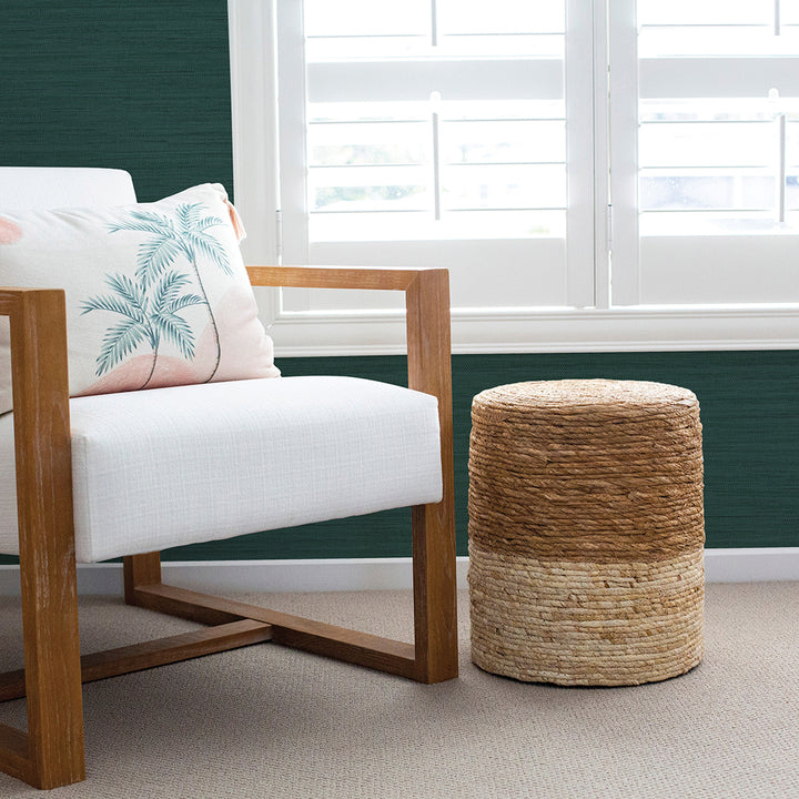 Faux Horizontal Grasscloth Removable Wallpaper - A room with a wood chair and white window featuring Faux Horizontal Grasscloth Peel And Stick Wallpaper in textured mediterranean teal | Tempaper#color_textured-mediterranean-teal