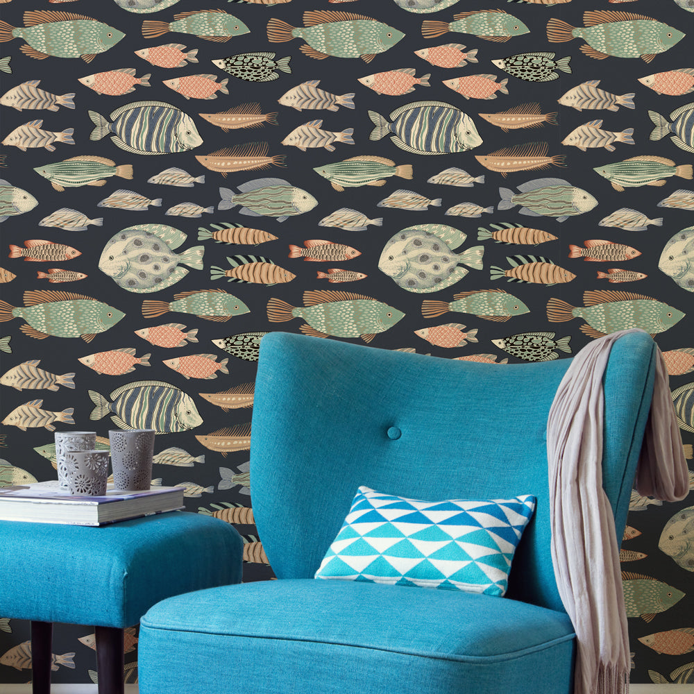 Marine Fish Removable Wallpaper - A room featuring Tempaper's Marine Fish Peel And Stick Wallpaper in night fall | Tempaper#color_night-fall