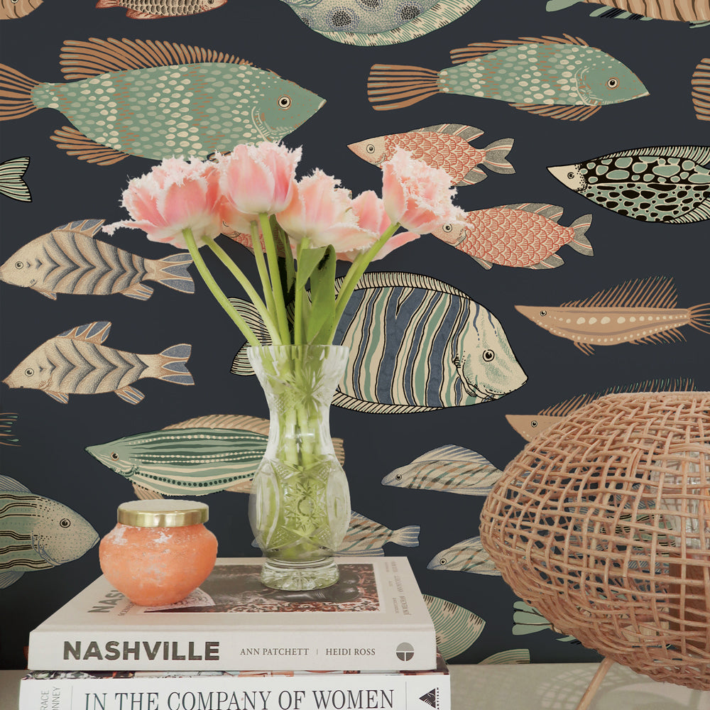 Marine Fish Removable Wallpaper - A room featuring Tempaper's Marine Fish Peel And Stick Wallpaper in night fall | Tempaper#color_night-fall