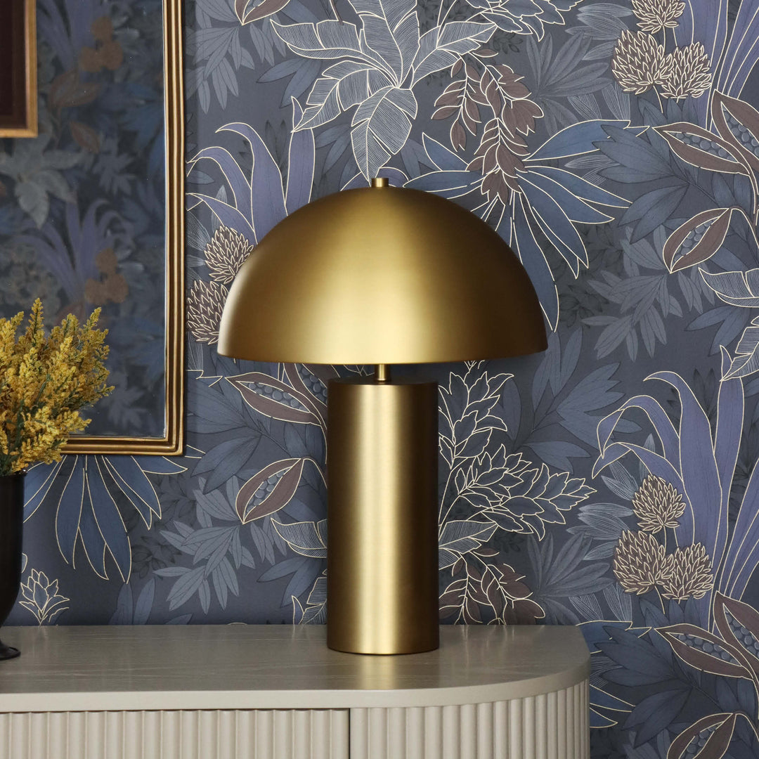 Coniferous Floral Unpasted Wallpaper - A swatch of Coniferous Floral Non-Pasted Wallpaper in twilight on the wall behind an office console and gold lamp | Tempaper#color_twilight