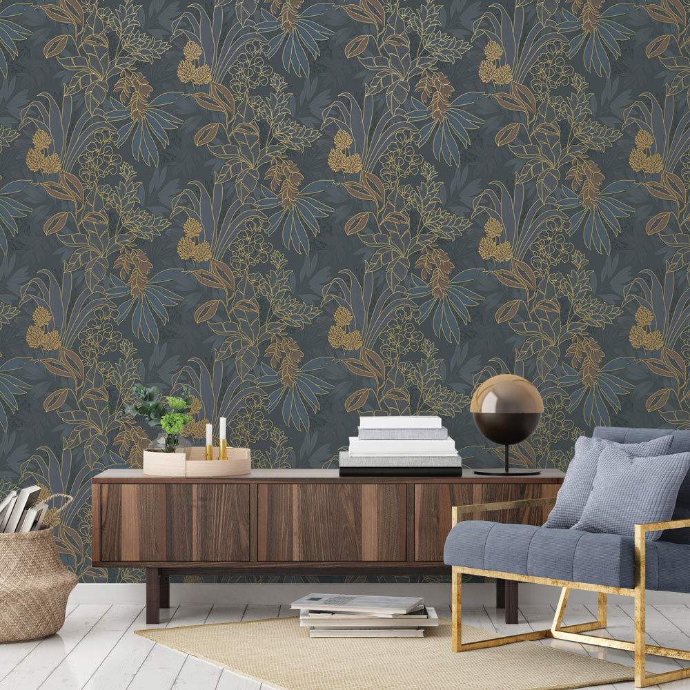 Coniferous Floral Unpasted Wallpaper - Coniferous Floral Non-Pasted Wallpaper in twilight behind a sideboard | Tempaper#color_twilight