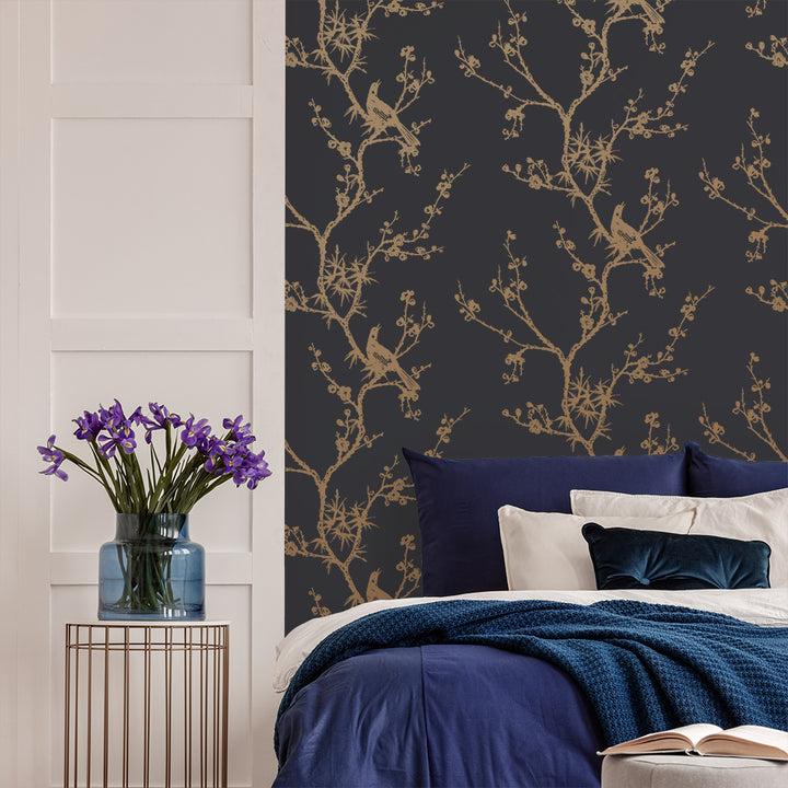 Bird Watching Removable Wallpaper By Cynthia Rowley - A bedroom featuring Tempaper's Bird Watching Peel And Stick Wallpaper By Cynthia Rowley in black and gold birds#color_black-and-gold-birds