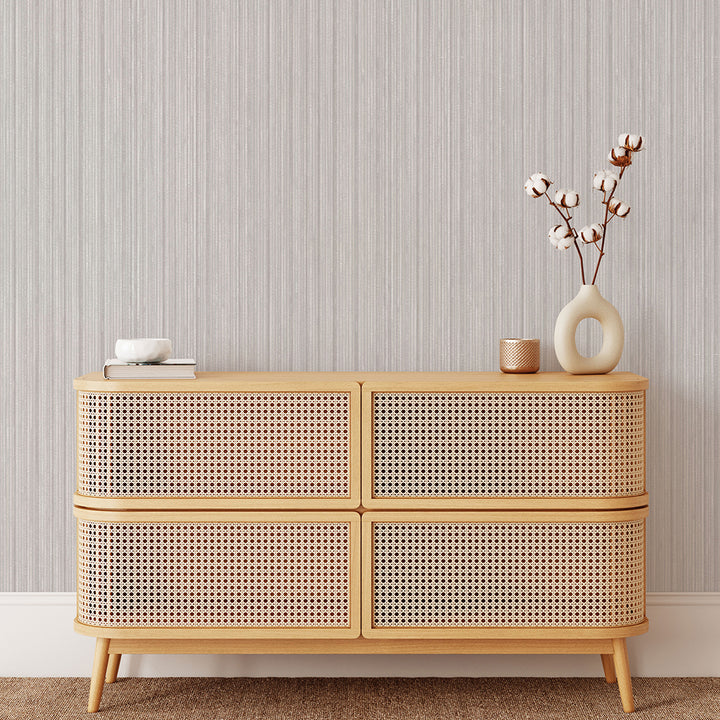 Faux Grasscloth Removable Wallpaper - A wood dresser in a room featuring Faux Grasscloth Peel And Stick Wallpaper in textured sterling silver | Tempaper#color_textured-sterling-silver