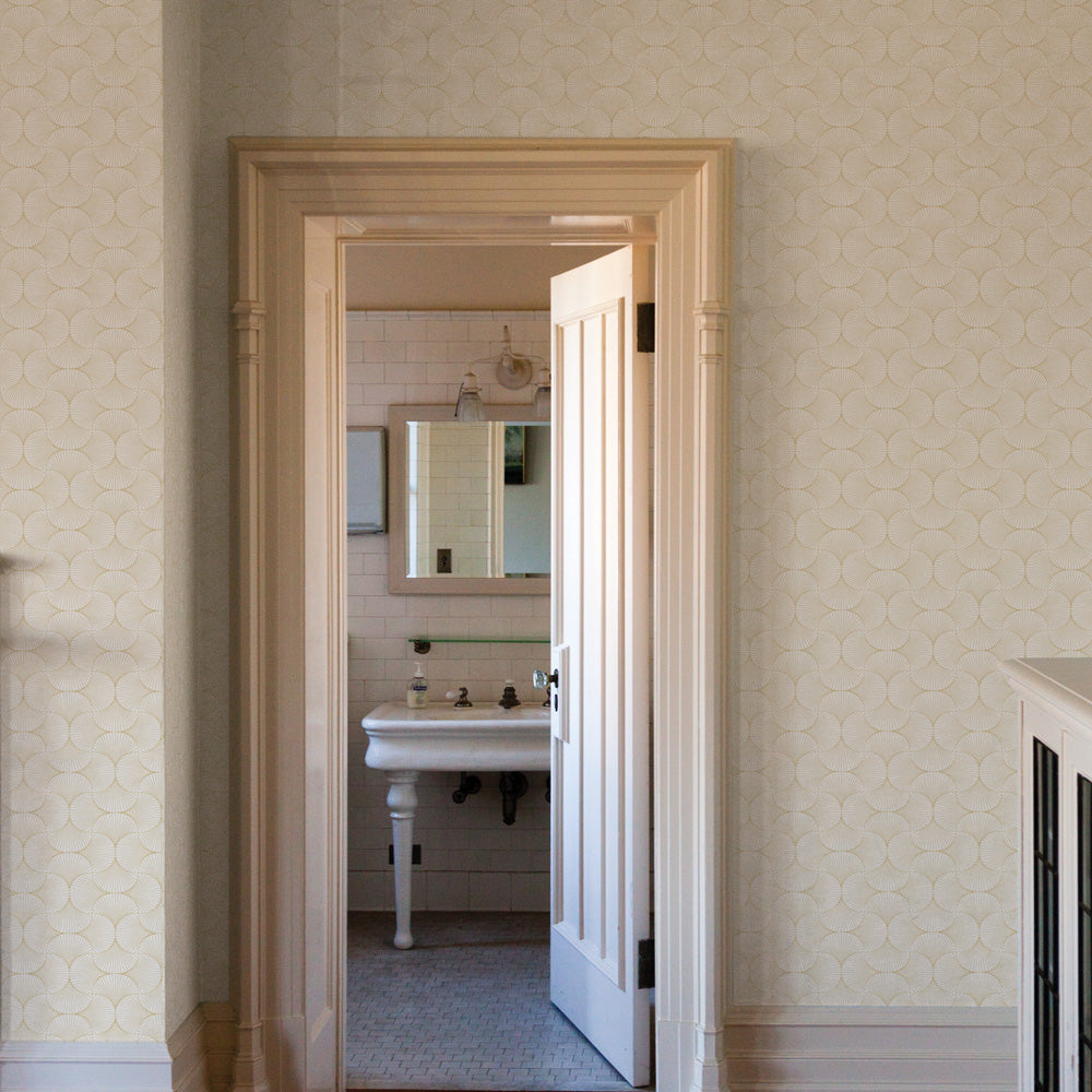 Gilded Scallop Non-Pasted Wallpaper - A hallway with Gilded Scallop Unpasted Wallpaper in porcelain | Tempaper#color_porcelain