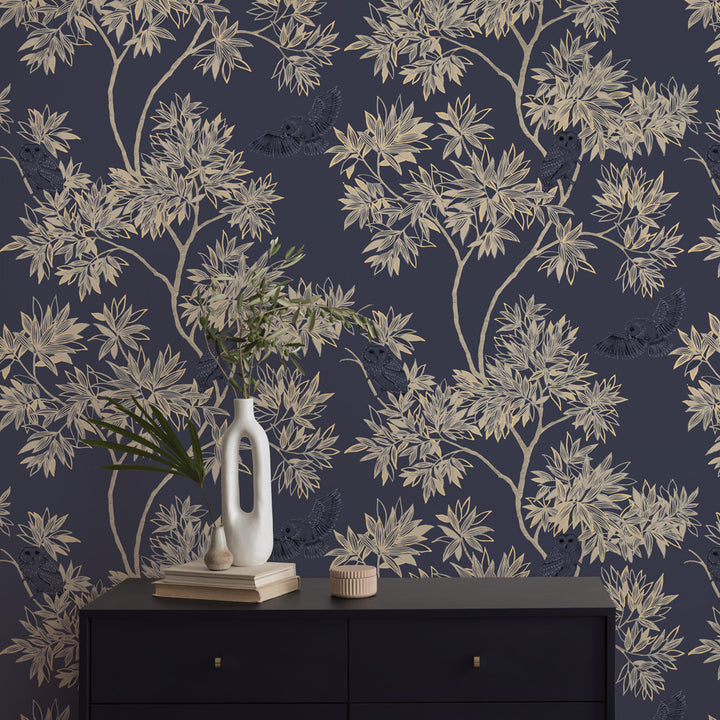 Parliament Non-Pasted Wallpaper - A black dresser and plants with Parliament Unpasted Wallpaper in indigo navy | Tempaper#color_indigo-navy