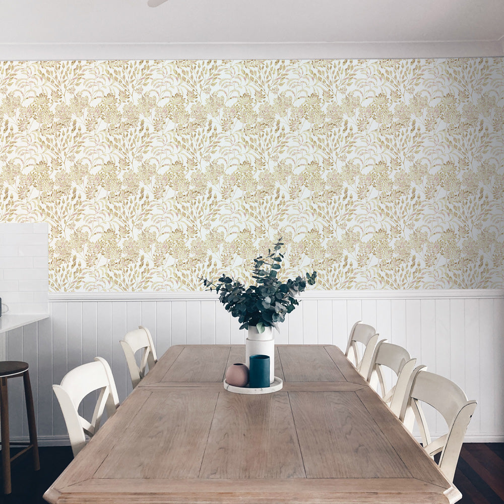 Stencil Foliage Non-Pasted Wallpaper - A wood table and chairs with Stencil Foliage Unpasted Wallpaper in golden wheat | Tempaper#color_golden-wheat