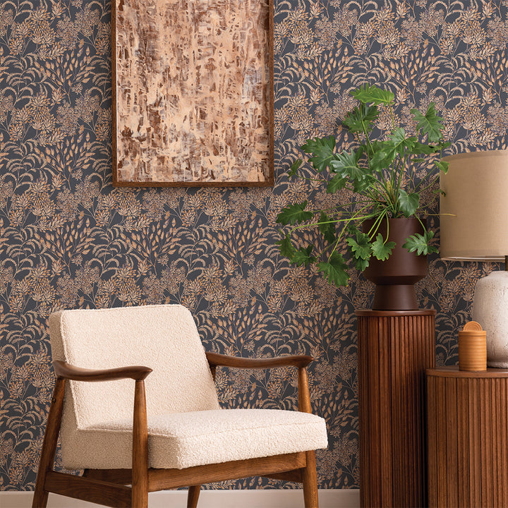 Stencil Foliage Non-Pasted Wallpaper - A chair and plant in front of Stencil Foliage Unpasted Wallpaper in navy and mauve | Tempaper#color_navy-and-mauve