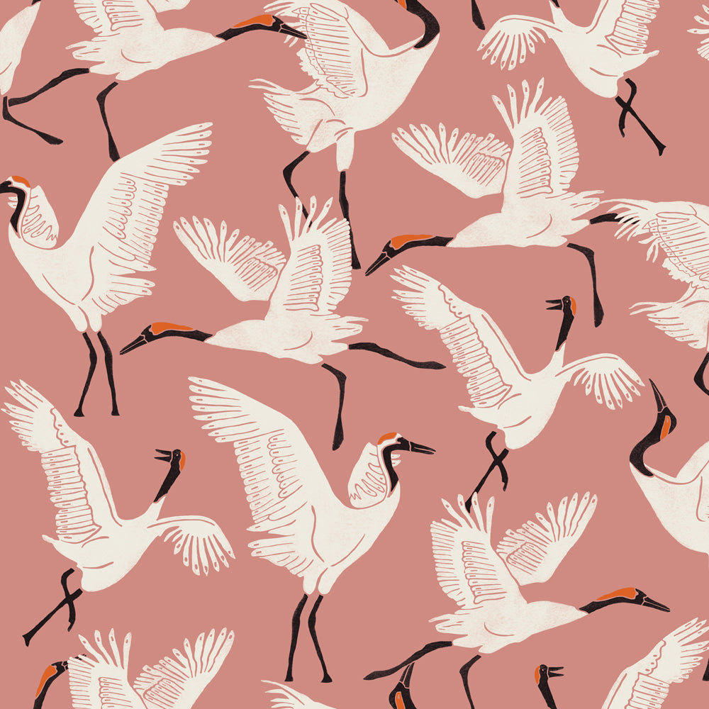 An up close swatch of Tempaper's Family of Cranes Peel And Stick Wallpaper By Novogratz. #color_dusty-rose