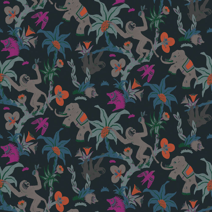 A square of Tempaper's passion fruit monkey business removable wallpaper with monkeys, elephants, and fushia and orange flowers. #color_passion-fruit