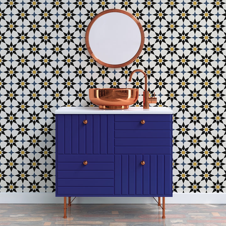 Soleil Removable Wallpaper - A bathroom with a blue vanity and copper sink, featuring Soleil Peel And Stick Wallpaper | Tempaper