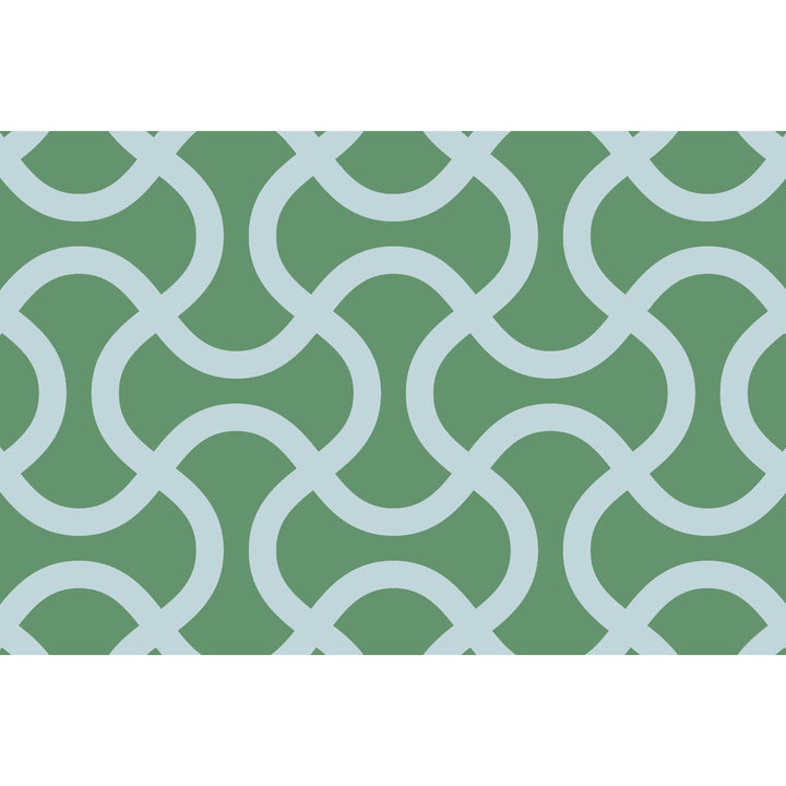 An up close view of Tempaper's Flourish Vinyl Rug in blue and green.#color_trippy-teal