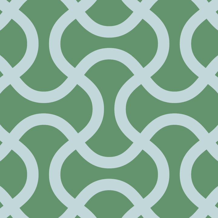 An up close swatch of Tempaper's Flourish Vinyl Rug in blue and green.#color_trippy-teal